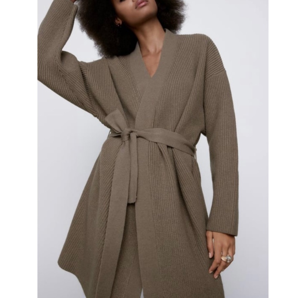 Zara Brown Ribbed Open Front Belted Knit Wrap Cardigan
